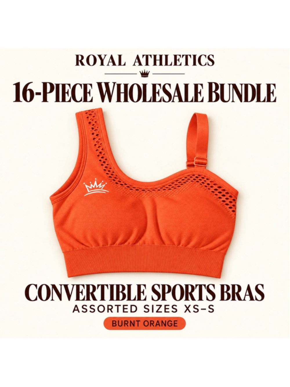 Royal Athletics Sports Bras Lot of 16 Wholesale, XS-S. Burnt Orange. NEW!
